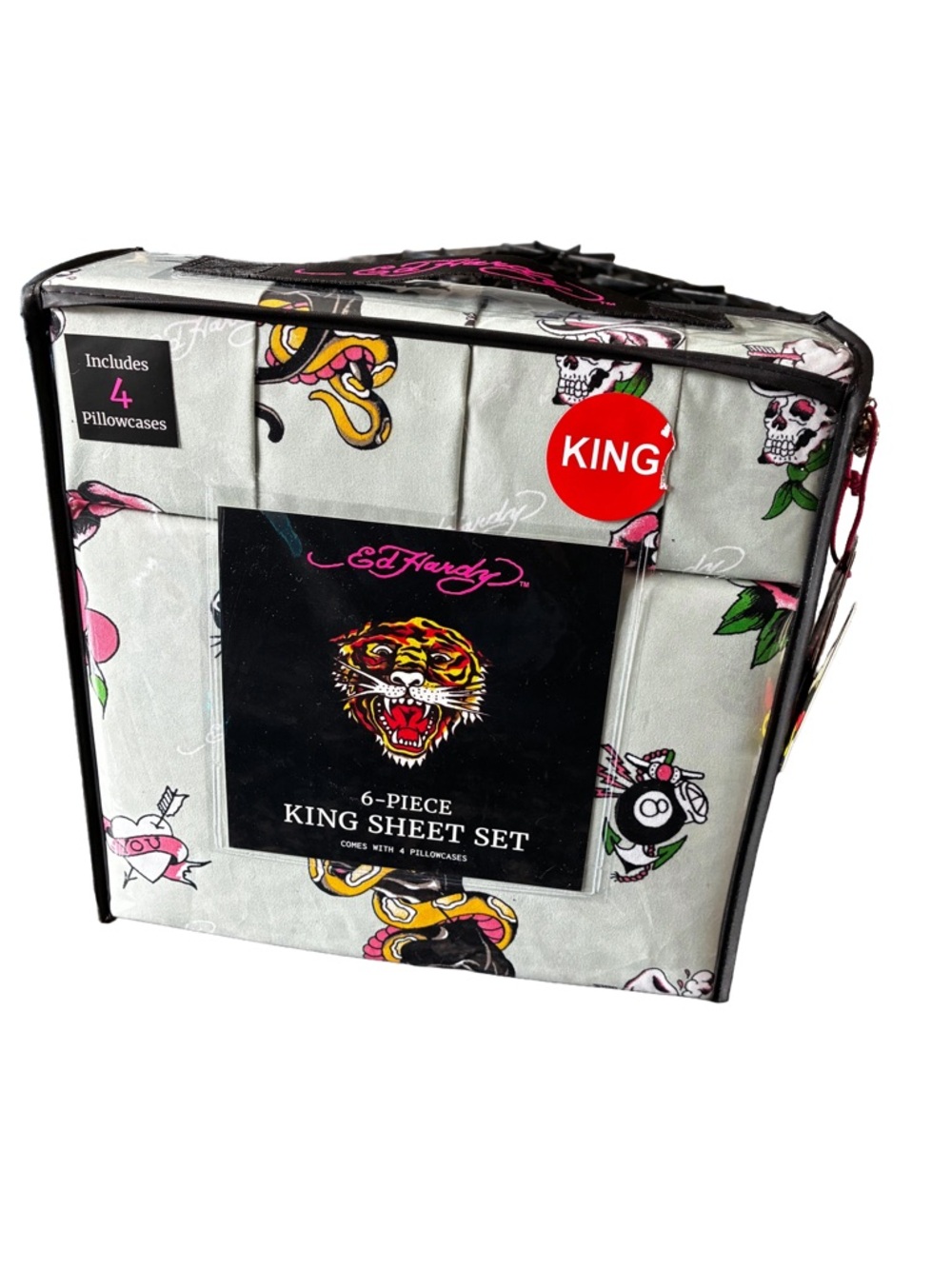 NWT Ed Hardy King 6 Pc Sheet Set Sage Green Tiger Skull Print